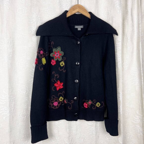 Embroidered merino wool sweater jacket felted flower beaded shawl collar winter - Picture 1 of 12